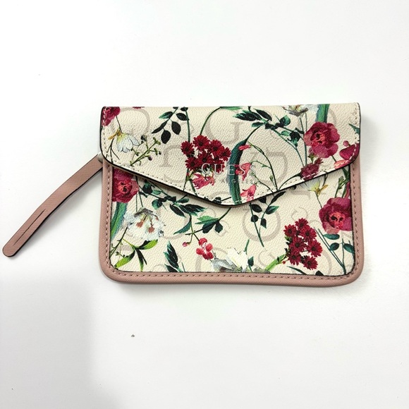 Guess Handbags - Guess Floral Wristlet Clutch Wallet Cream Tan Floral Simple Cute Minimalistic